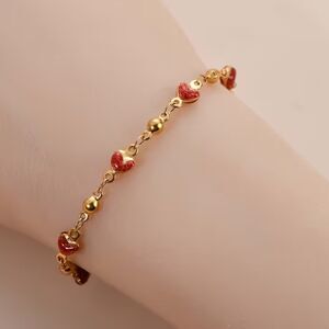 Gold Plated Stainless Red Heart Beaded Bracelet Dainty Gemstone Pendant Chain